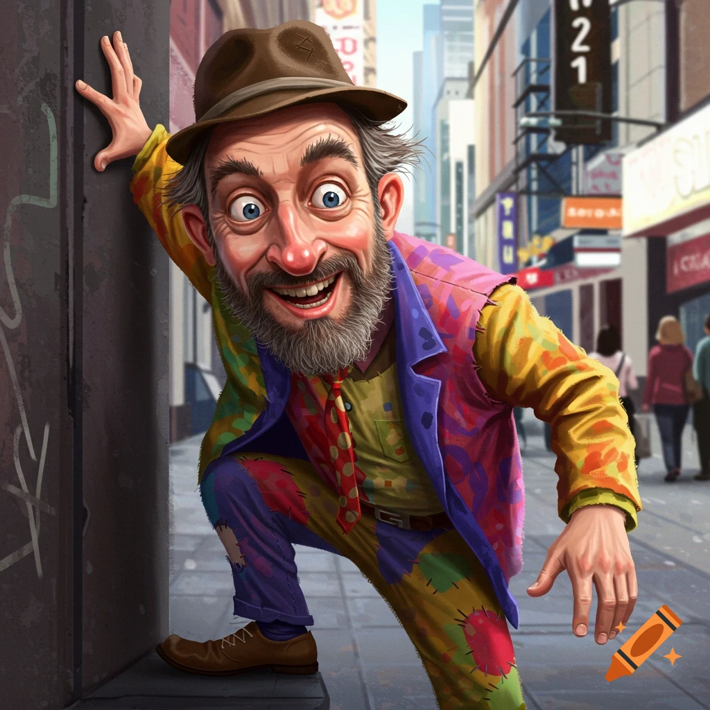 A man in a colorful patched suit and hat grins on a city street.