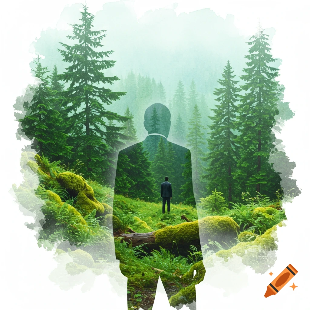 Watercolor forest landscape viewed through the silhouette of a standing person, with a smaller person walking in the distance.