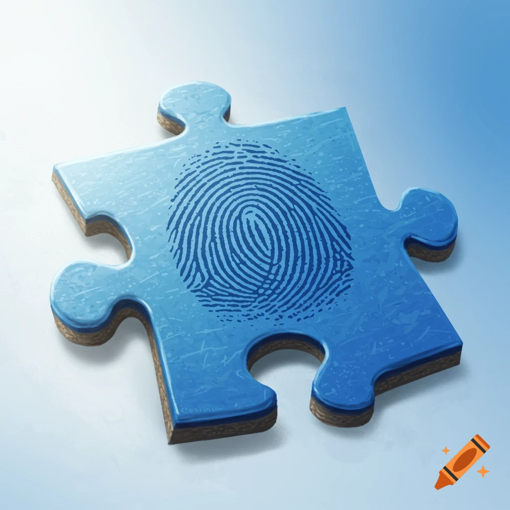 A blue puzzle piece with a fingerprint design on its surface