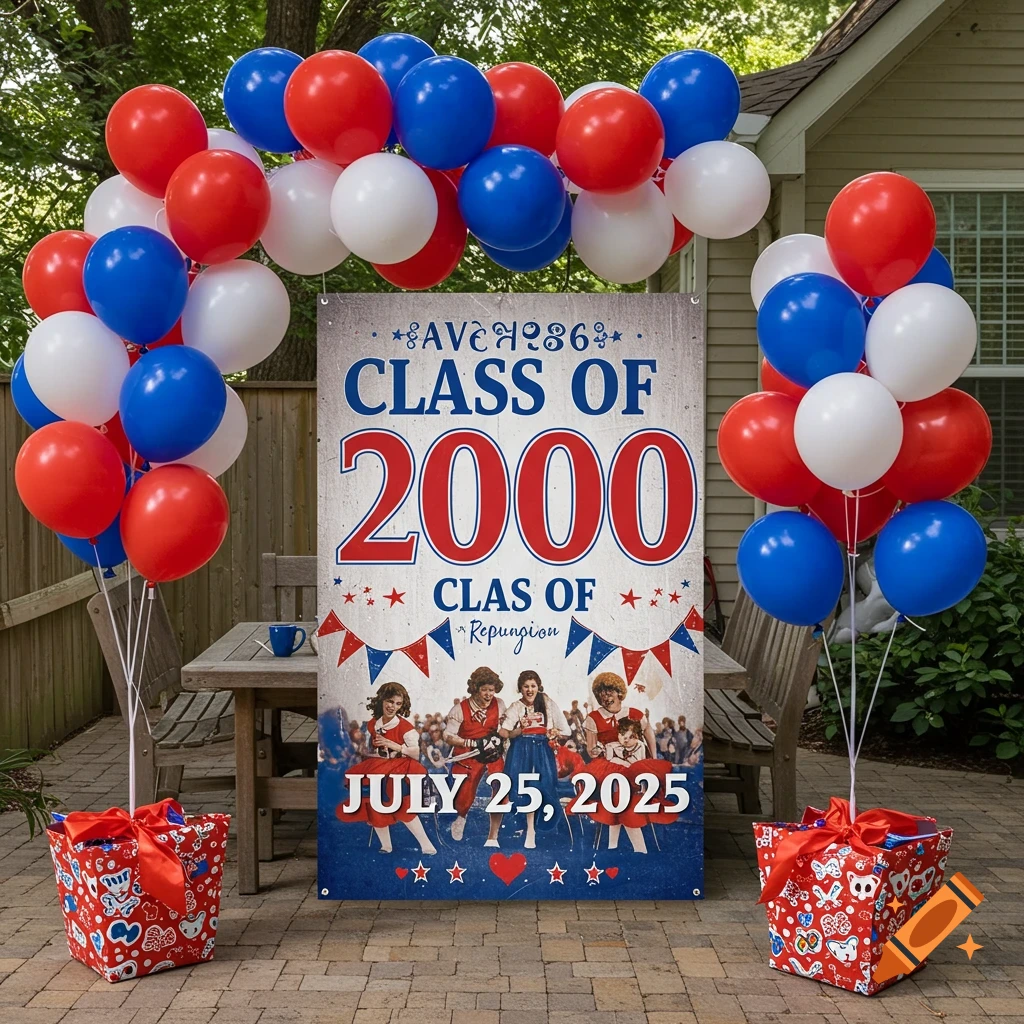 Backyard scene with red, white, and blue balloons and a reunion banner for the Class of 2000 dated July 25, 2025.