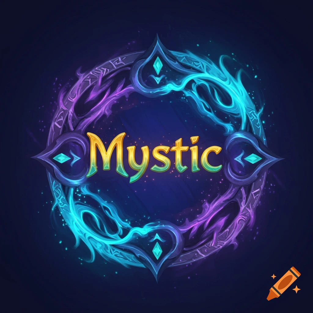 A glowing ornate circular frame with purple and blue energy around the word Mystic on a dark background.