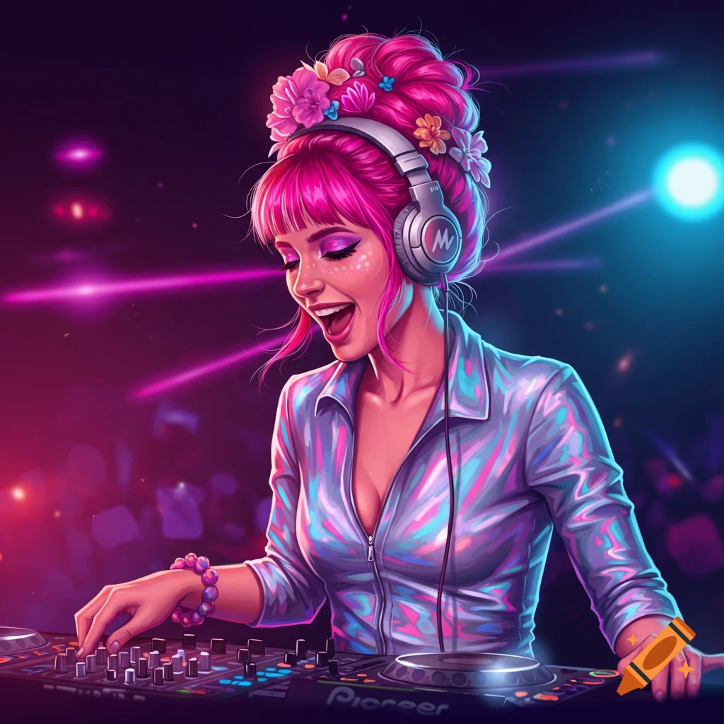 Holographic DJ with neon lights in cyberpunk metropolis on
