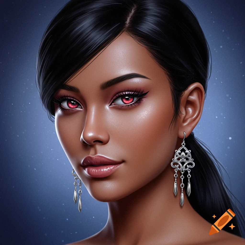 Portrait of a young woman with black hair, red eyes, and earrings.