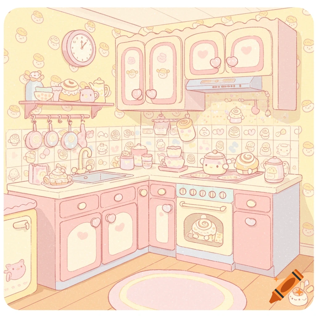 A pastel pink and yellow Sanrio-themed kitchen in a cute, flat digital art style.