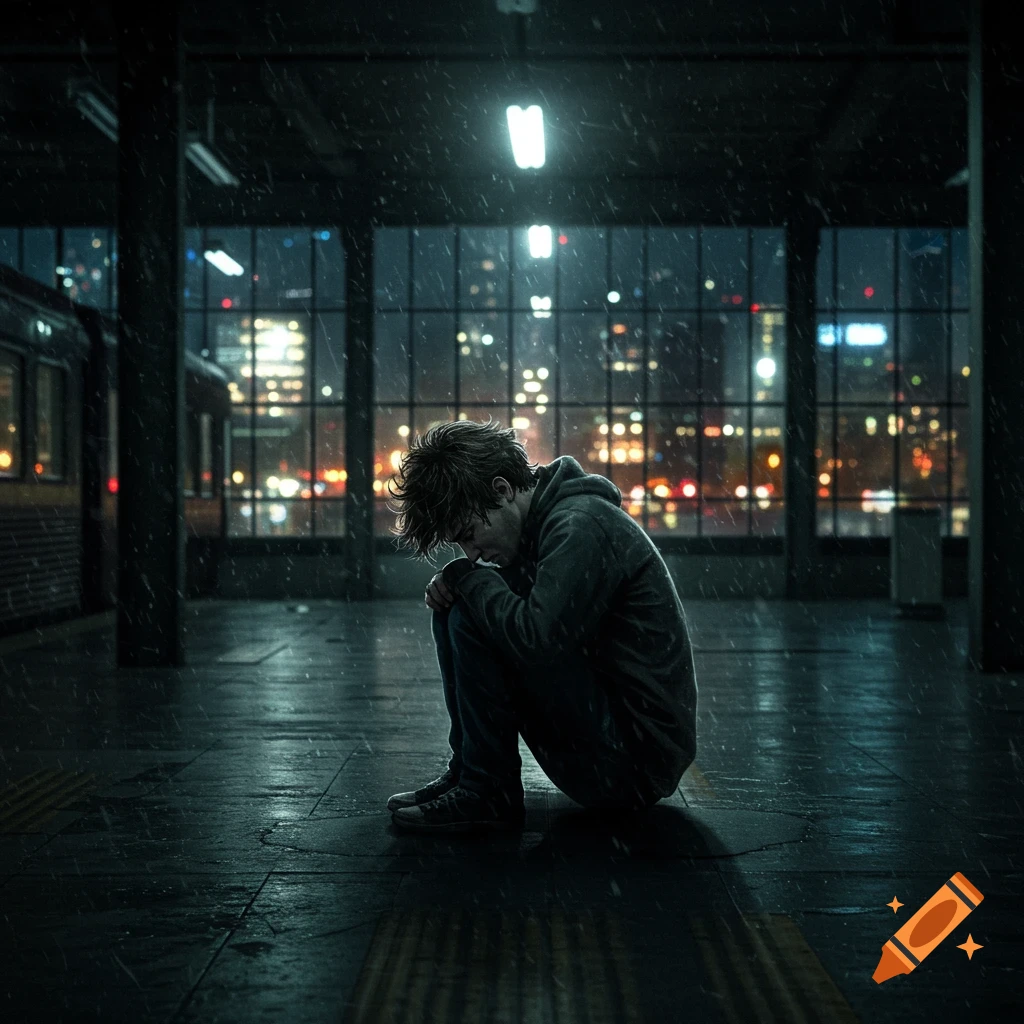 A person sits huddled on a rainy train platform at night, looking sad.