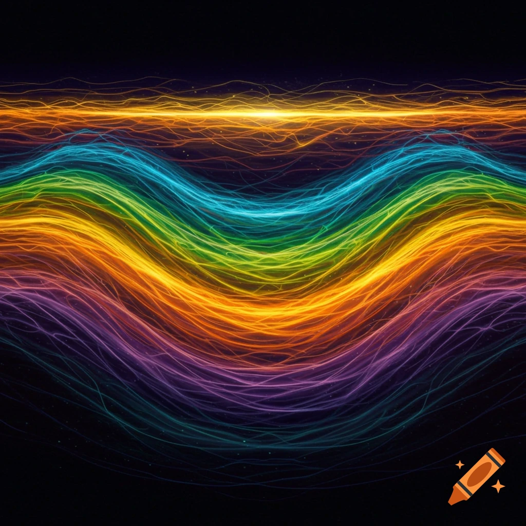 Abstract image of glowing wavy energy lines in rainbow colors against a dark background.