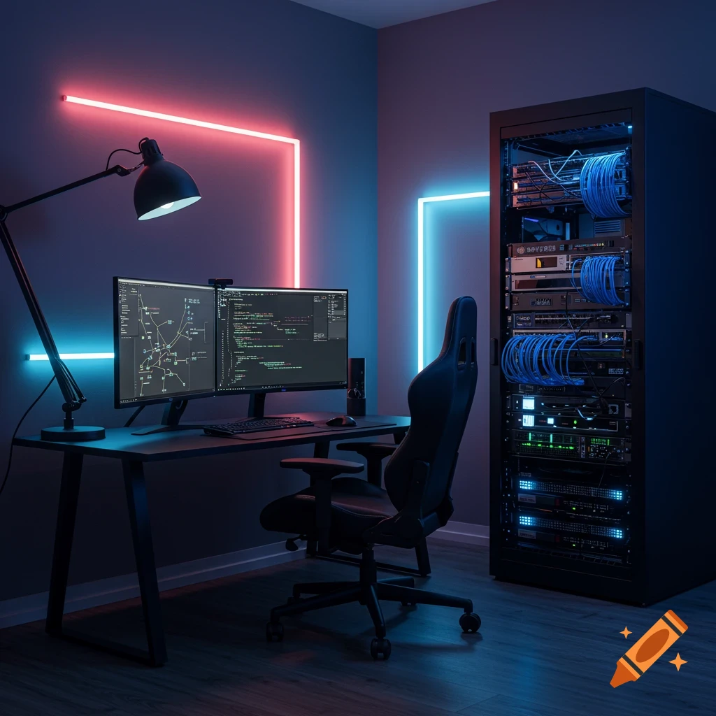 Photorealistic modern hacker lab with monitors, server rack, gaming chair, and neon lights.