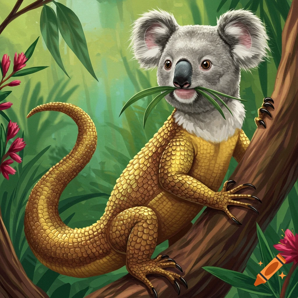 A half koala, half lizard creature sits on a tree branch in a jungle.