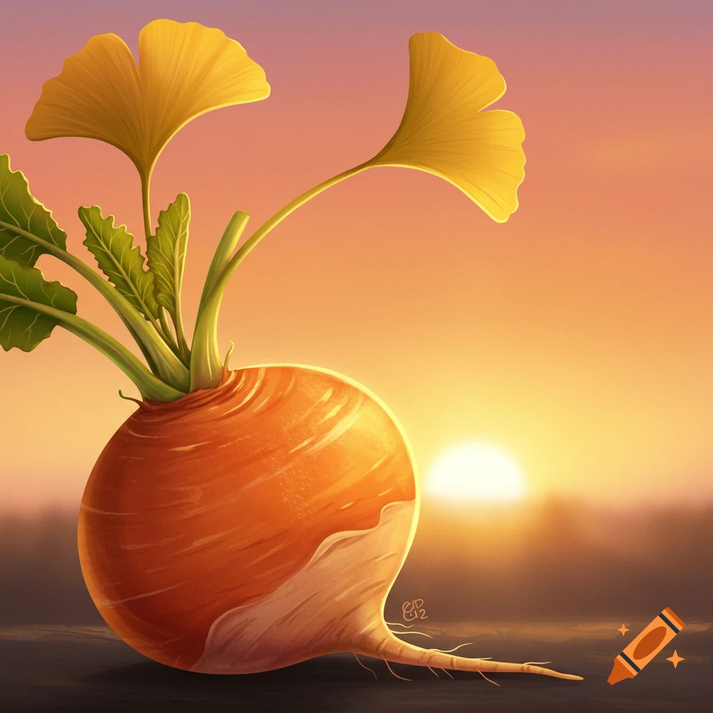 A vibrant orange turnip sits nestled amongst delicate ginkgo leaves, set against the backdrop of a warm, glowing sunrise.