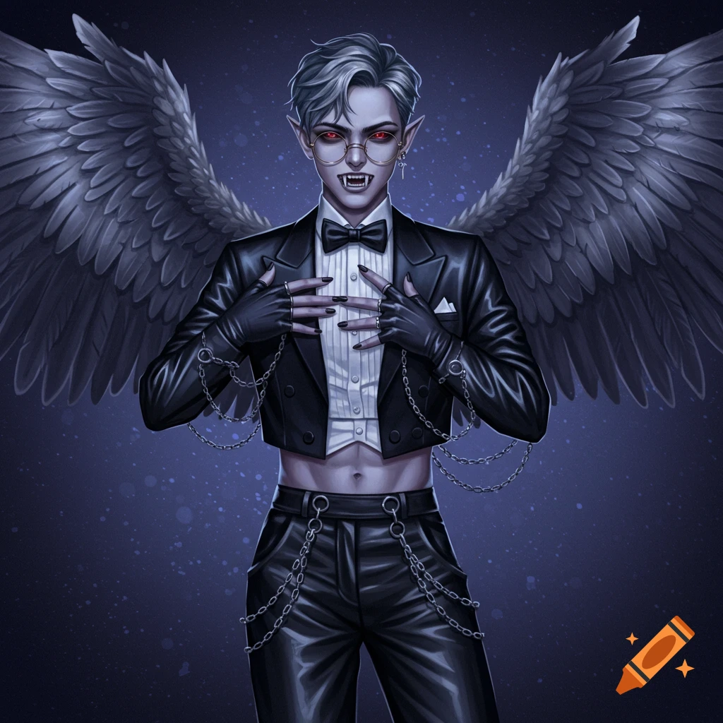 A fantasy character with gray hair, wings, fangs, and red eyes, in a cropped tuxedo and chained pants.