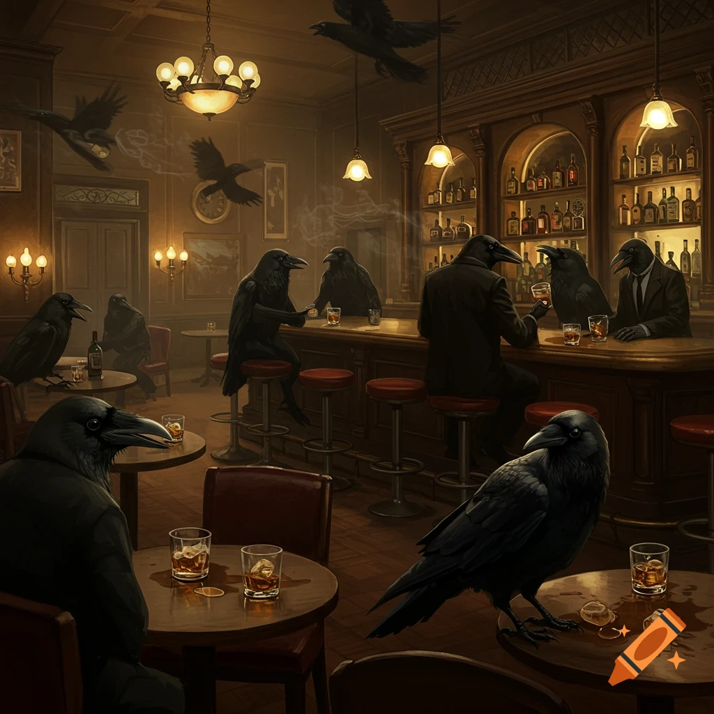 Crows wearing suits sit at a bar, drinking.