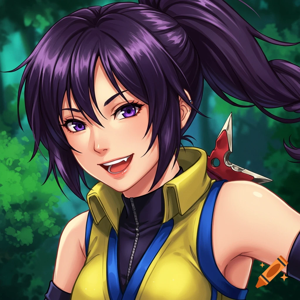Anime character with purple hair and eyes, wearing a yellow vest, smiling with fangs.