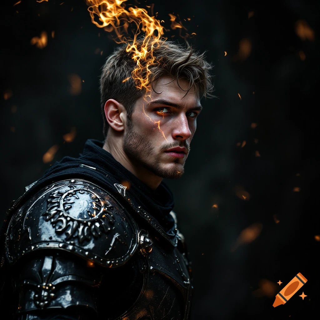Dark fantasy portrait of a man in black armor with fire on his head and shoulders.