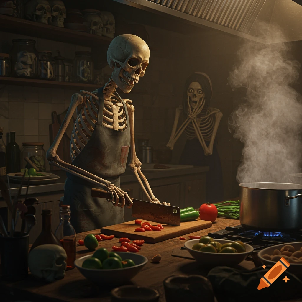 A skeleton chef chops vegetables in a dark kitchen while another skeleton watches in surprise. Realistic style.