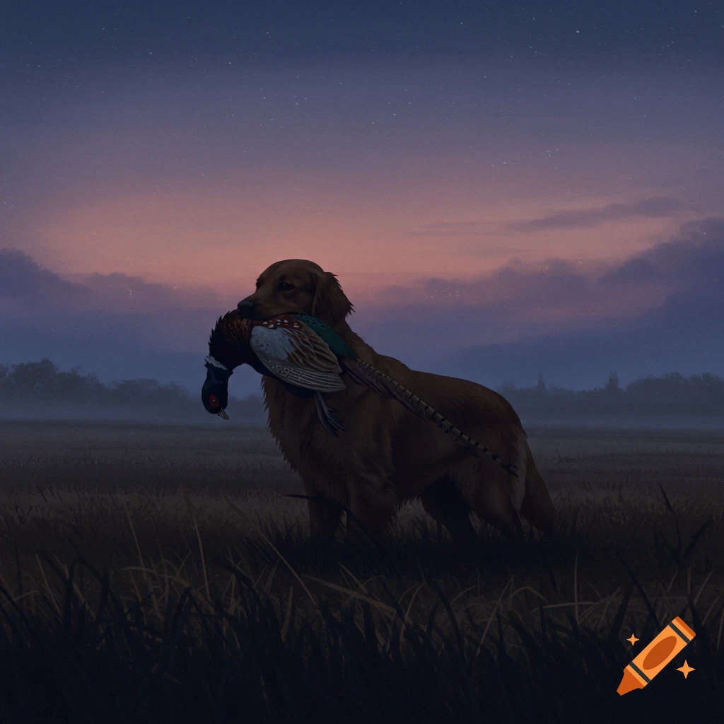 A golden retriever with a pheasant in its mouth standing in a field at dusk.