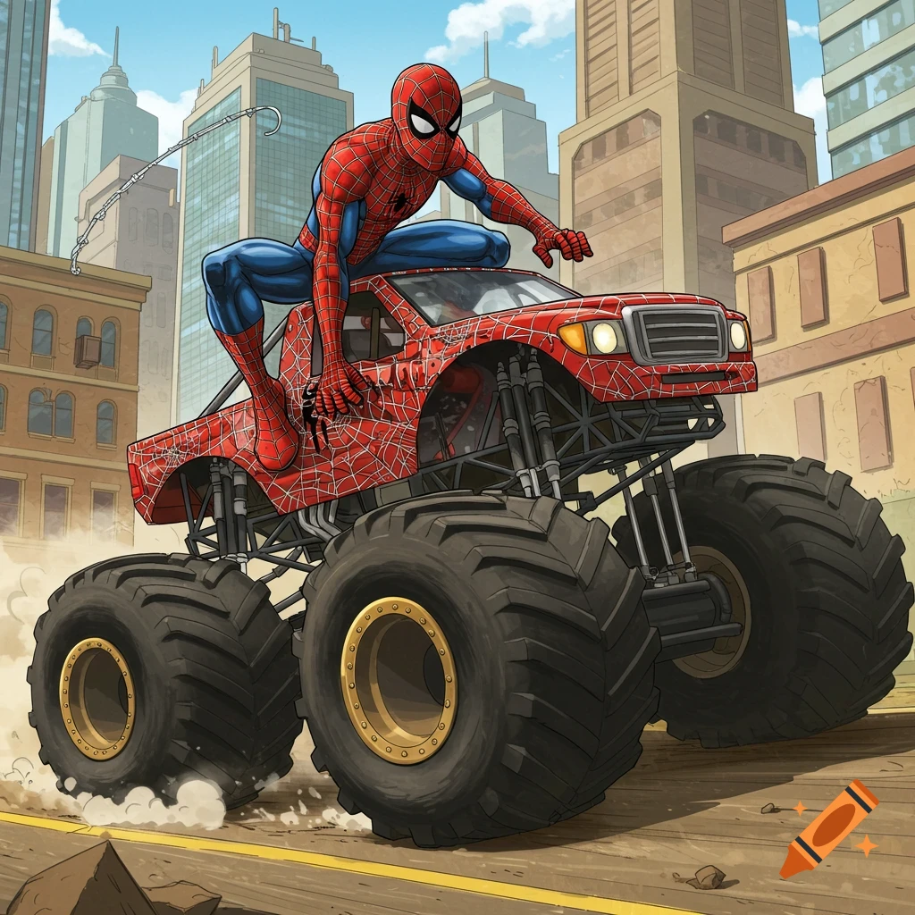 Spiderman rides on top of a red monster truck speeding through a city street in a comic art style.