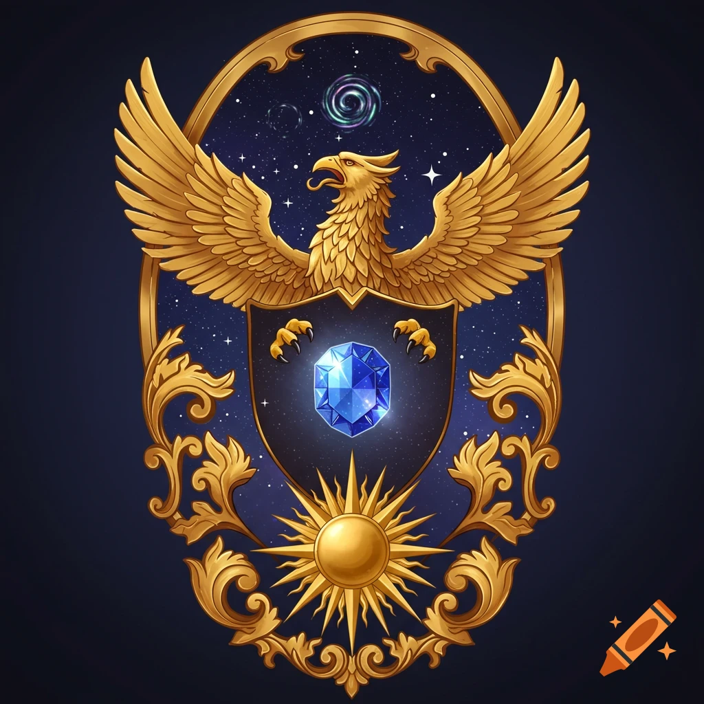 Gold crest with griffin, blue gem shield, sun, and starry background.