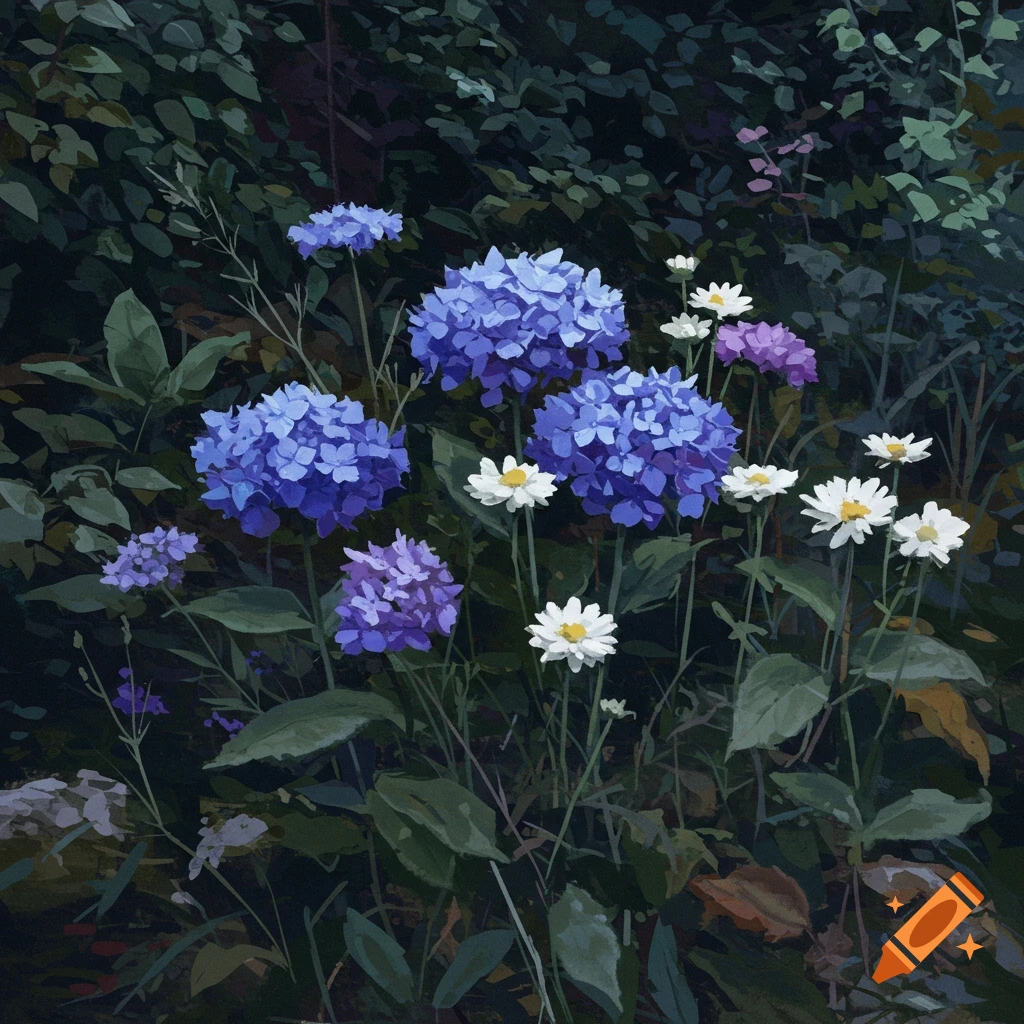 Blue and purple hydrangeas and white daisies in a dark garden.