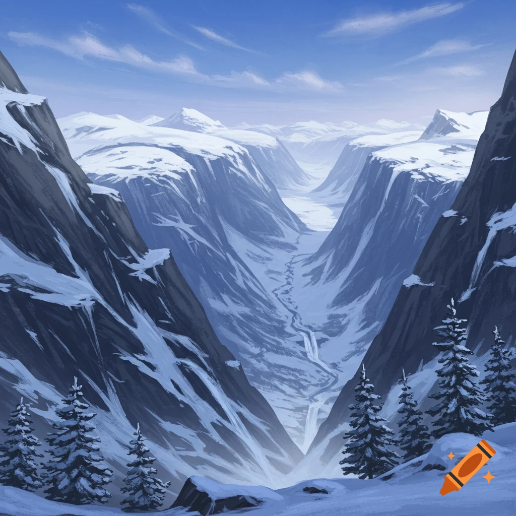 A snowy mountain valley with pine trees under a blue sky.
