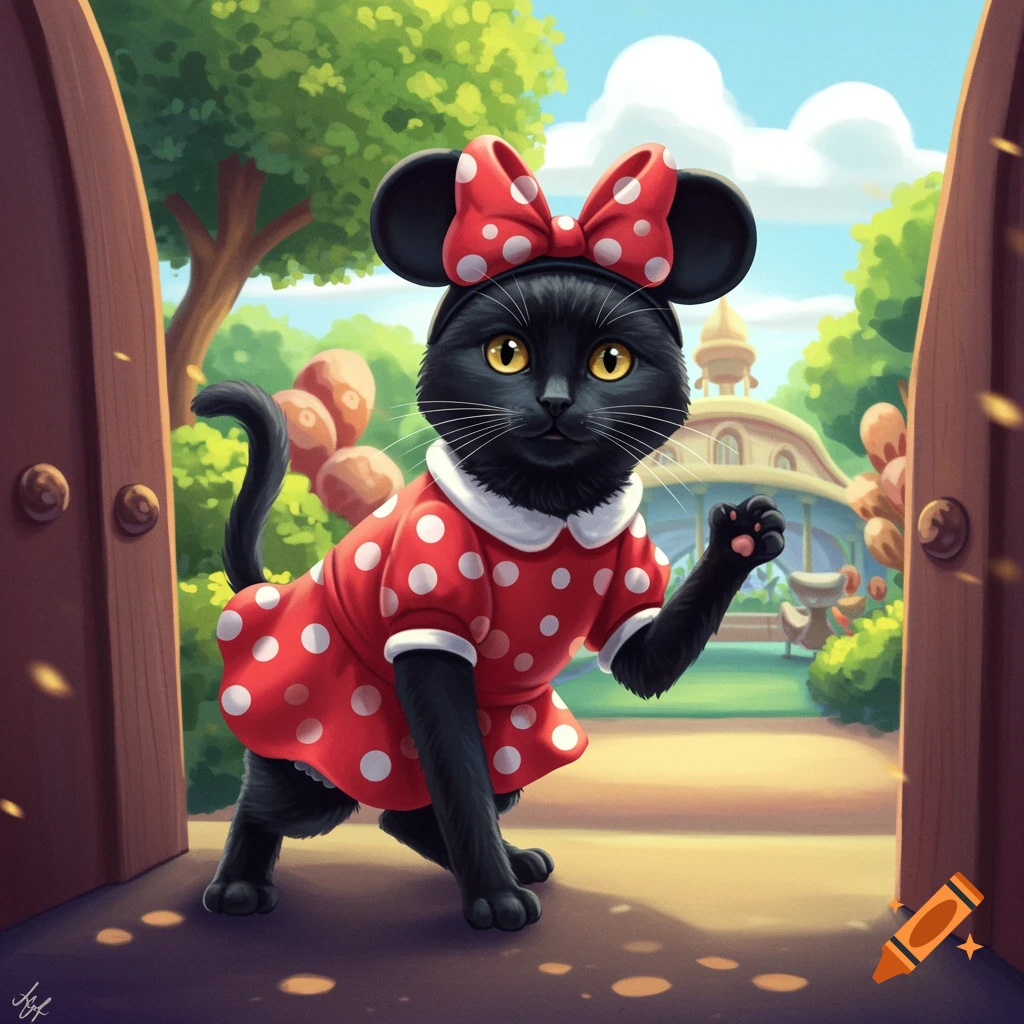 A black cat wears a red and white polka dot Minnie Mouse costume in a whimsical outdoor setting.