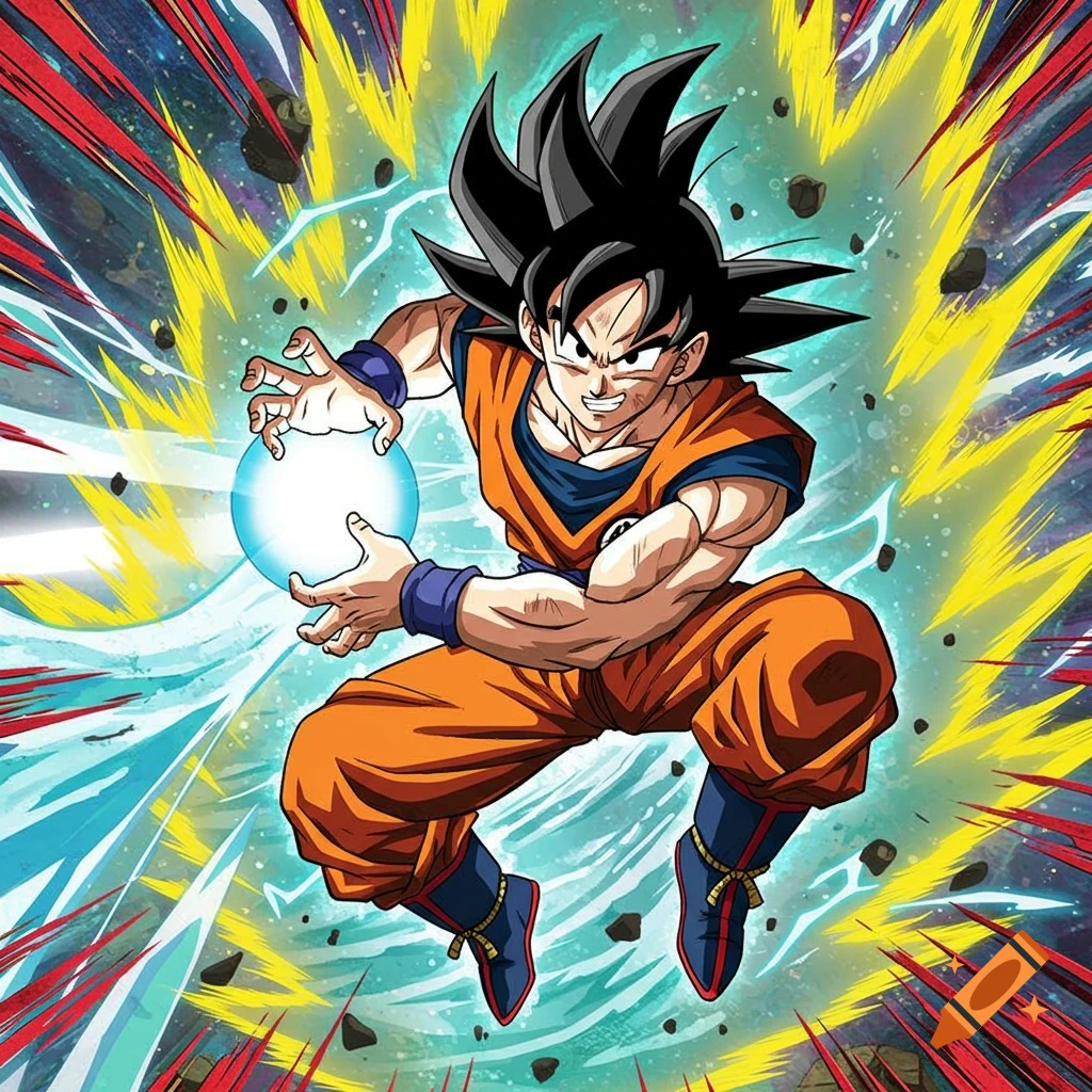 Goku charging a bright blue energy ball with dynamic energy effects around him in an anime style.