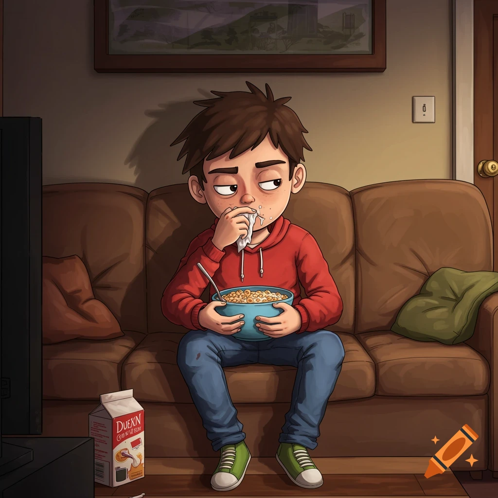 Cartoon illustration of a boy eating cereal on a couch.