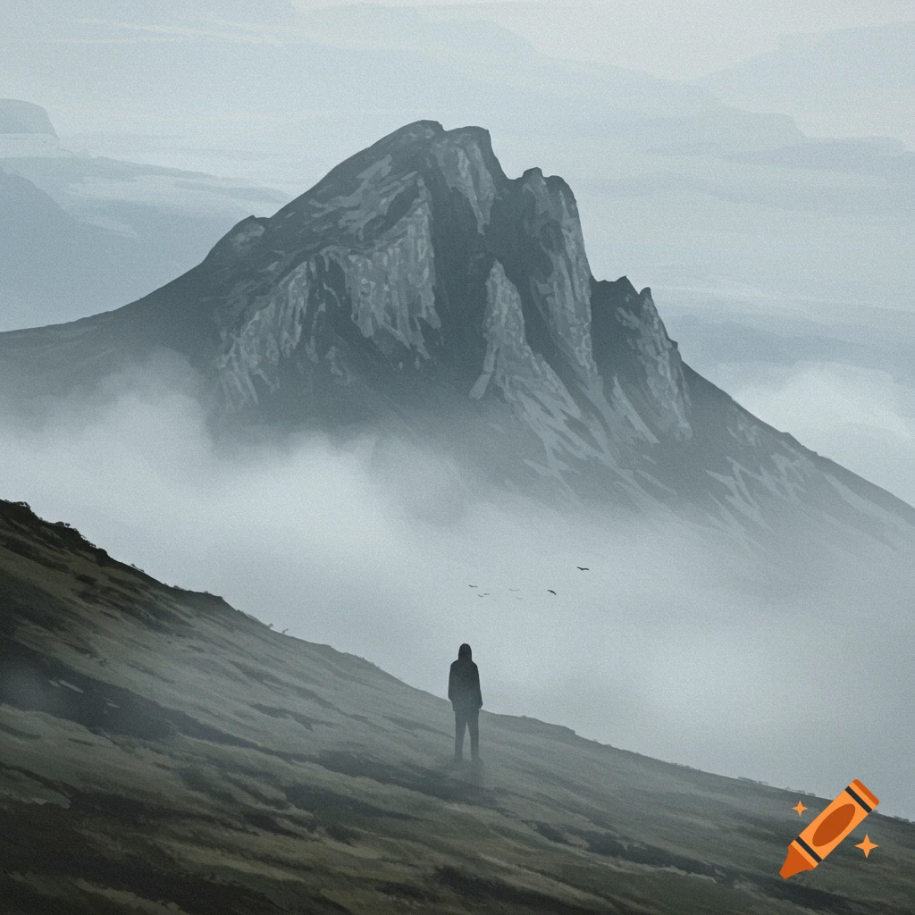 A solitary figure on a foggy hill looking towards a large mountain.