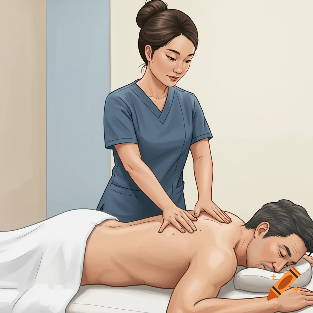 A woman giving a man a back massage.