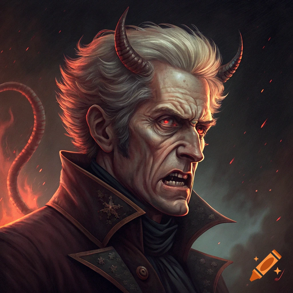 Portrait of an angry devil figure with horns, red eyes, tail, and coat, in an illustrative style.