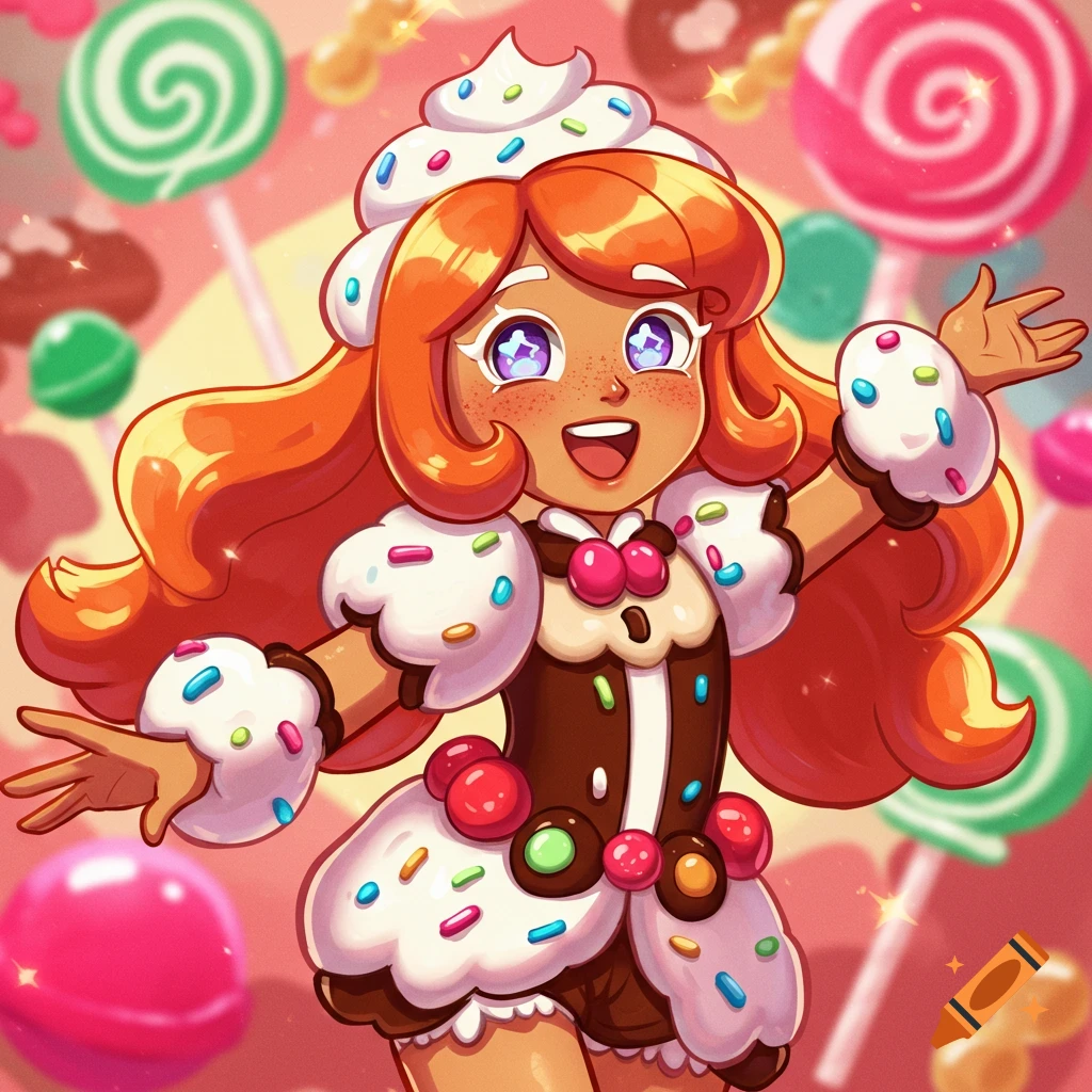 Cartoon girl in a candy outfit with freckles surrounded by lollipops in a bright style.