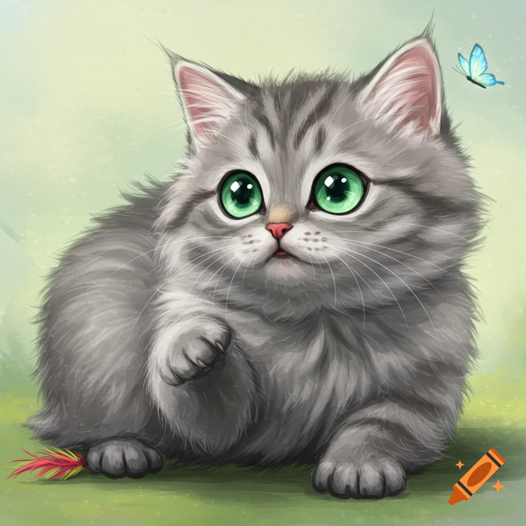 A cute fluffy grey kitten with big green eyes looking at a butterfly.