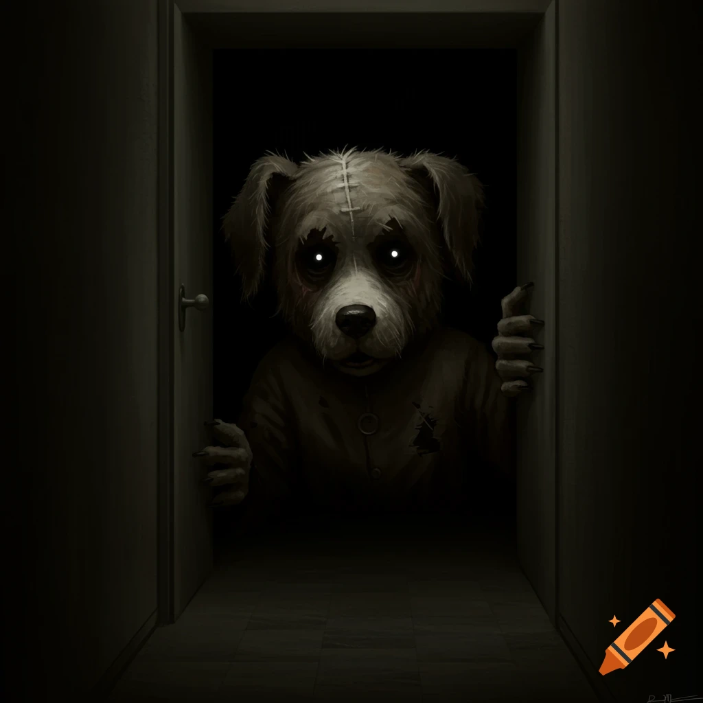 A creepy creature in a dog costume peers from a dark doorway in a hallway.