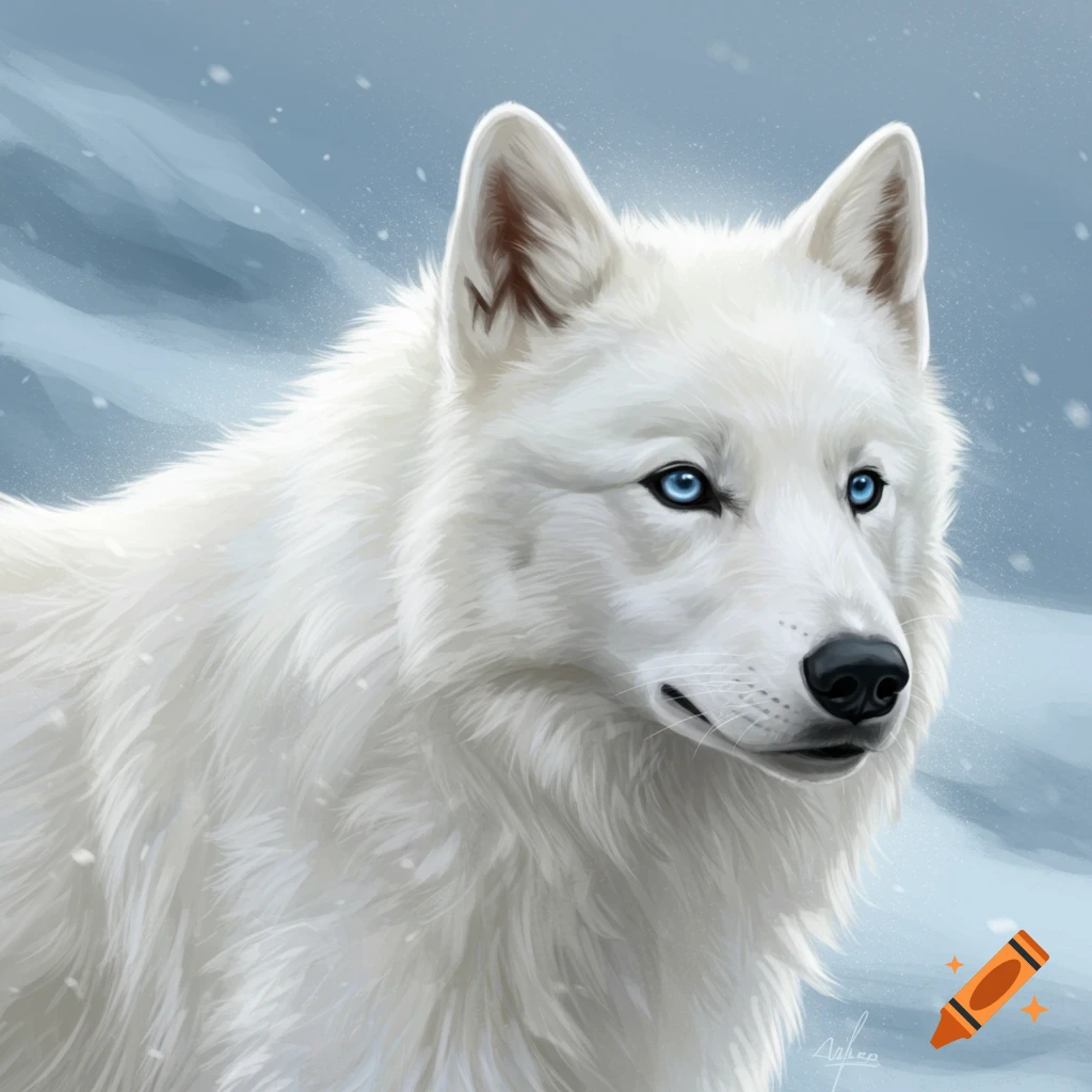Close-up of a white wolf with blue eyes in a snowy setting.