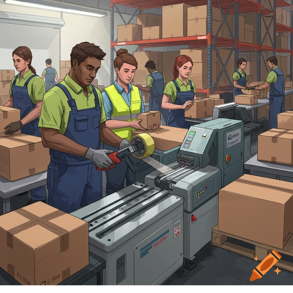 Workers taping boxes with a machine in a warehouse.