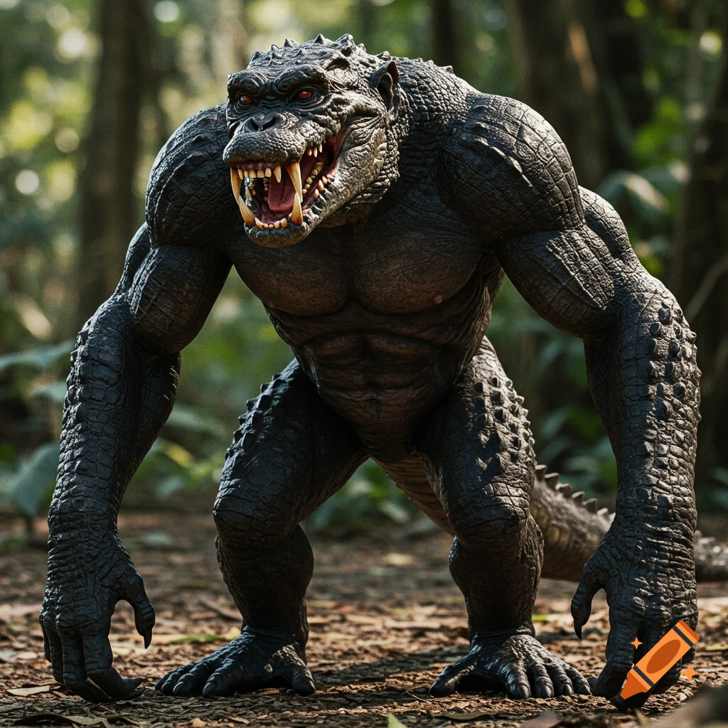A muscular, reptilian ape-like creature with red eyes and sharp teeth stands in a forest. Photorealistic style.