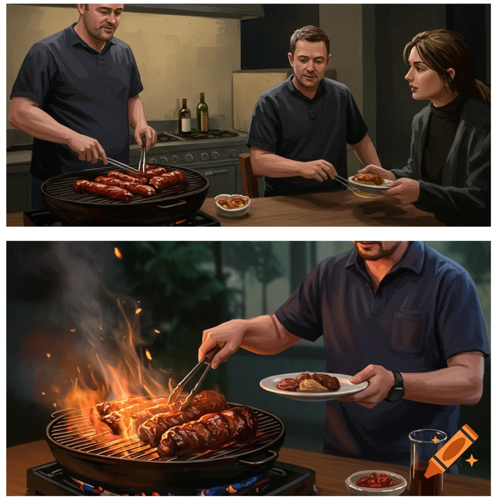 A man grilling sausages and serving them to friends.