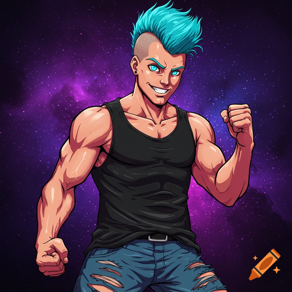 Cartoon man with blue hair flexing in a tank top against a space background.