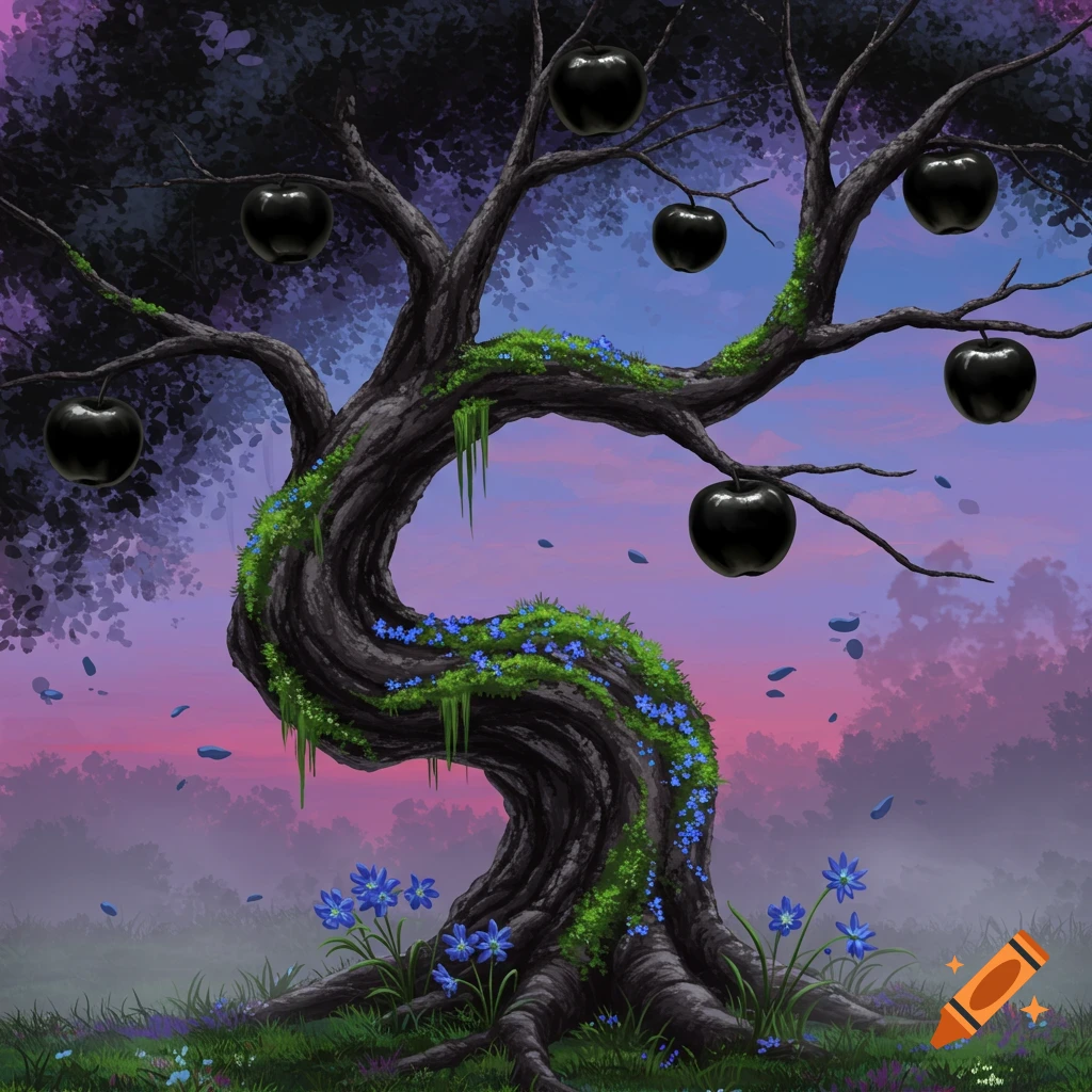 A twisted tree with black apples, blue flowers, and falling petals under a dramatic sky.