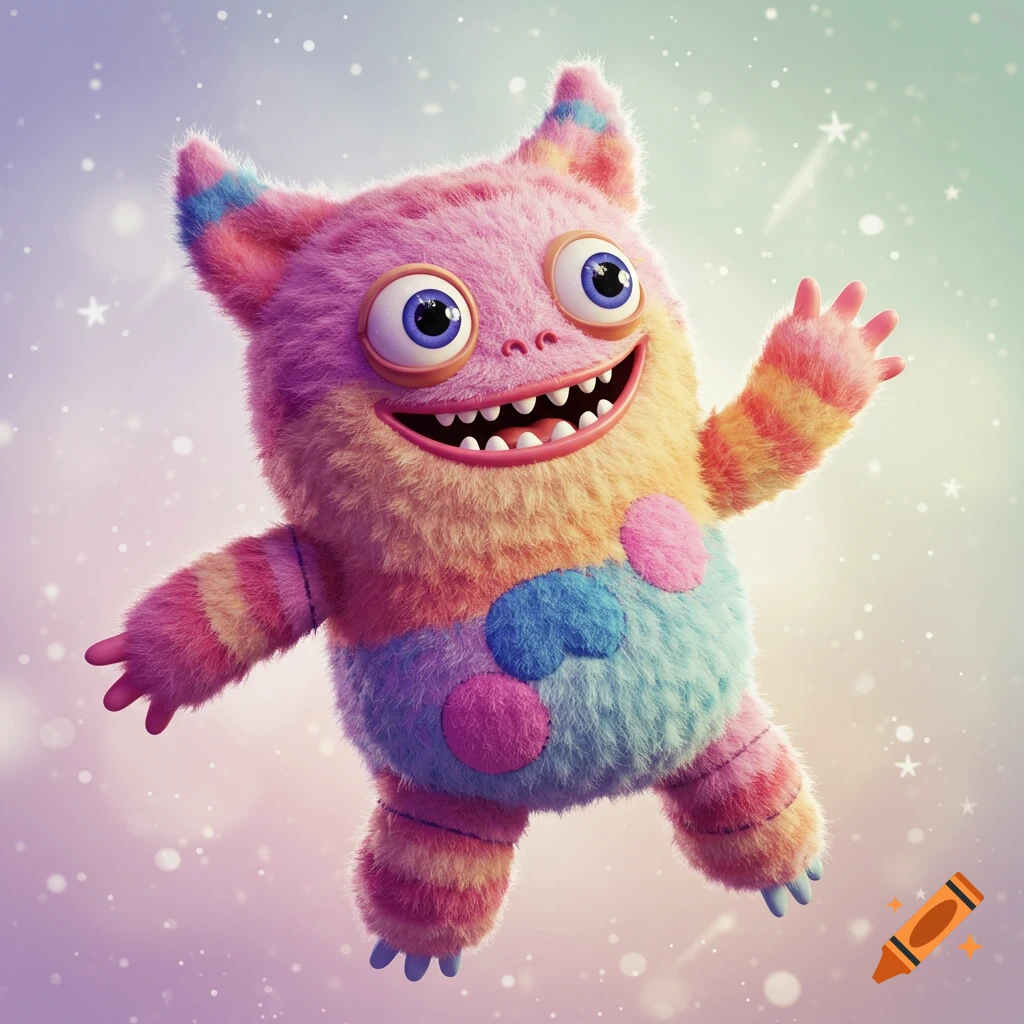 A fluffy pink, orange, and blue monster with big eyes and a wide smile floats against a pastel background.