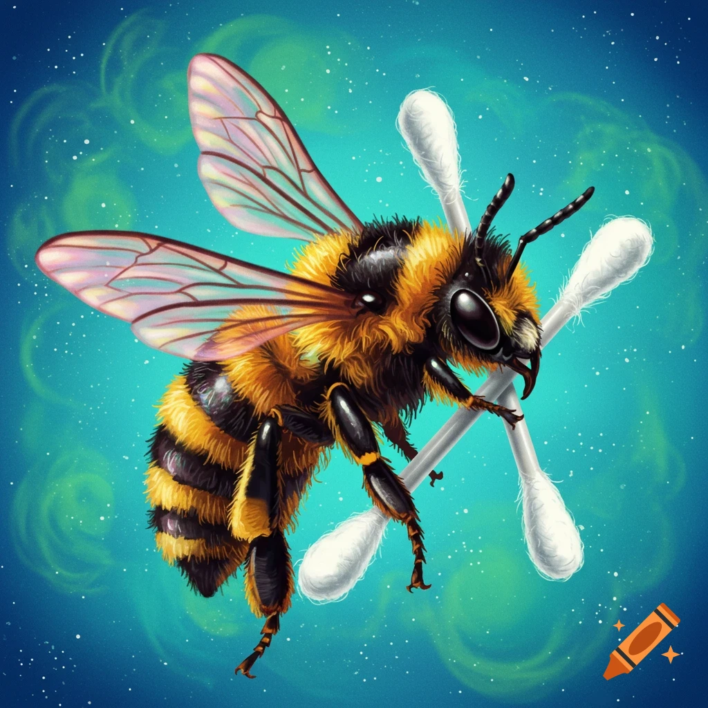 A bee is holding three cotton swabs.