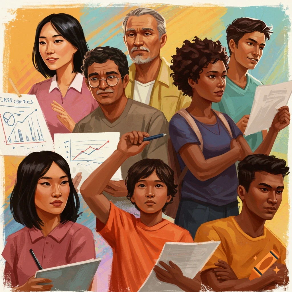 Digital illustration of a diverse group of people, some holding papers and charts, looking engaged.