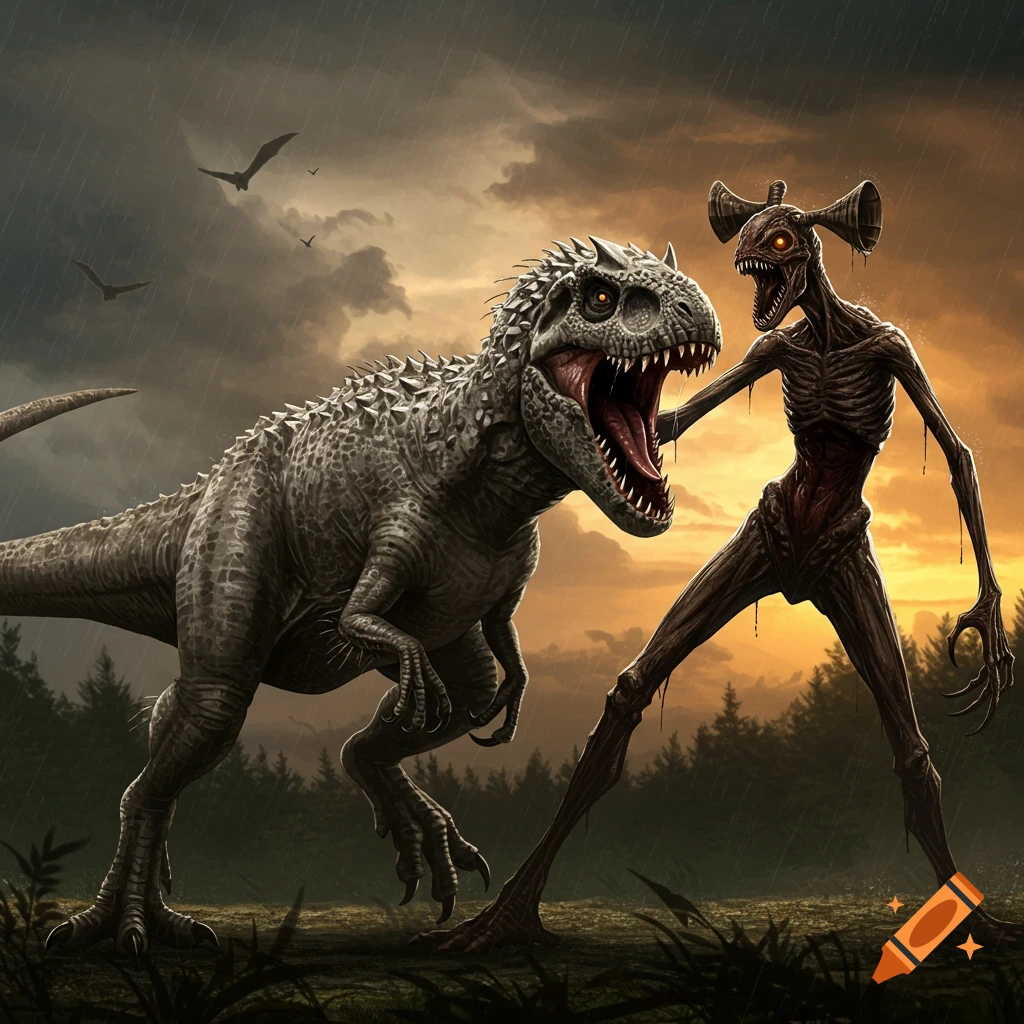 A large dinosaur battling a tall, skeletal creature with sirens for a head in the rain.