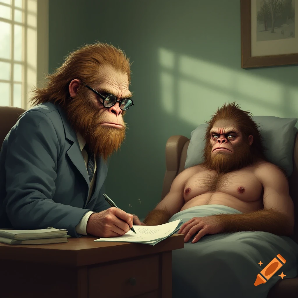 Two Sasquatch figures in a psychiatrist's office, one writing at a desk, the other lying on a couch.