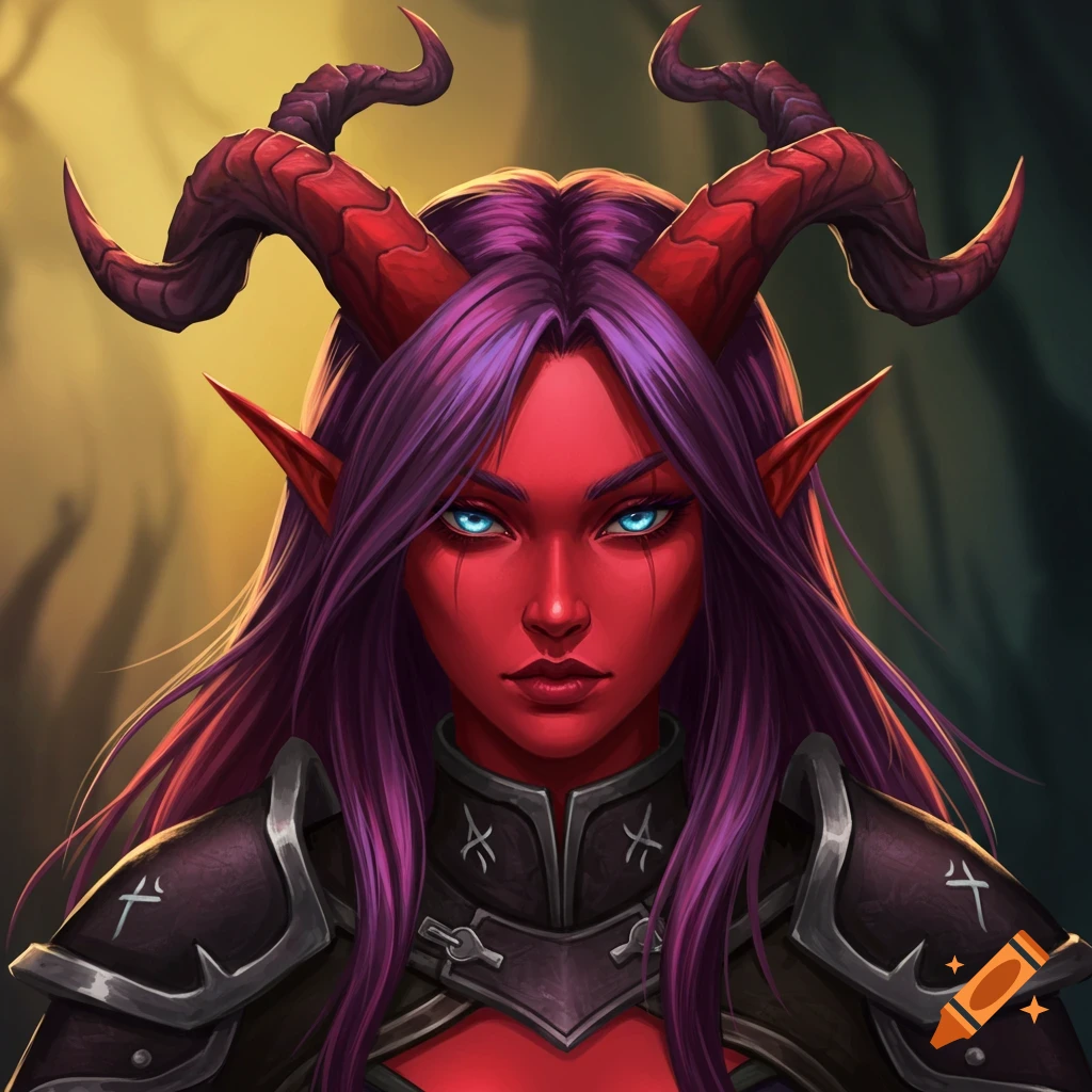 Close-up portrait of a female tiefling character with red skin, horns, purple hair, blue eyes, and dark armor.