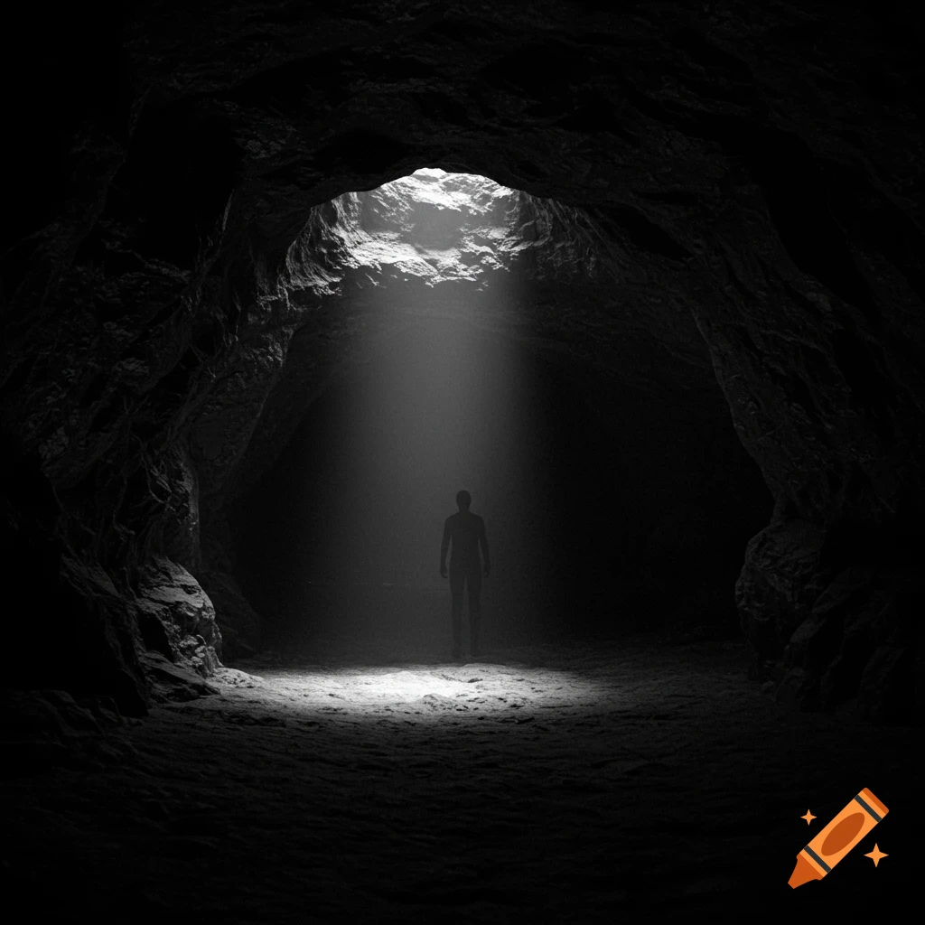 Black and white photorealistic image of a person's silhouette standing in a dark cave illuminated by a beam of light.