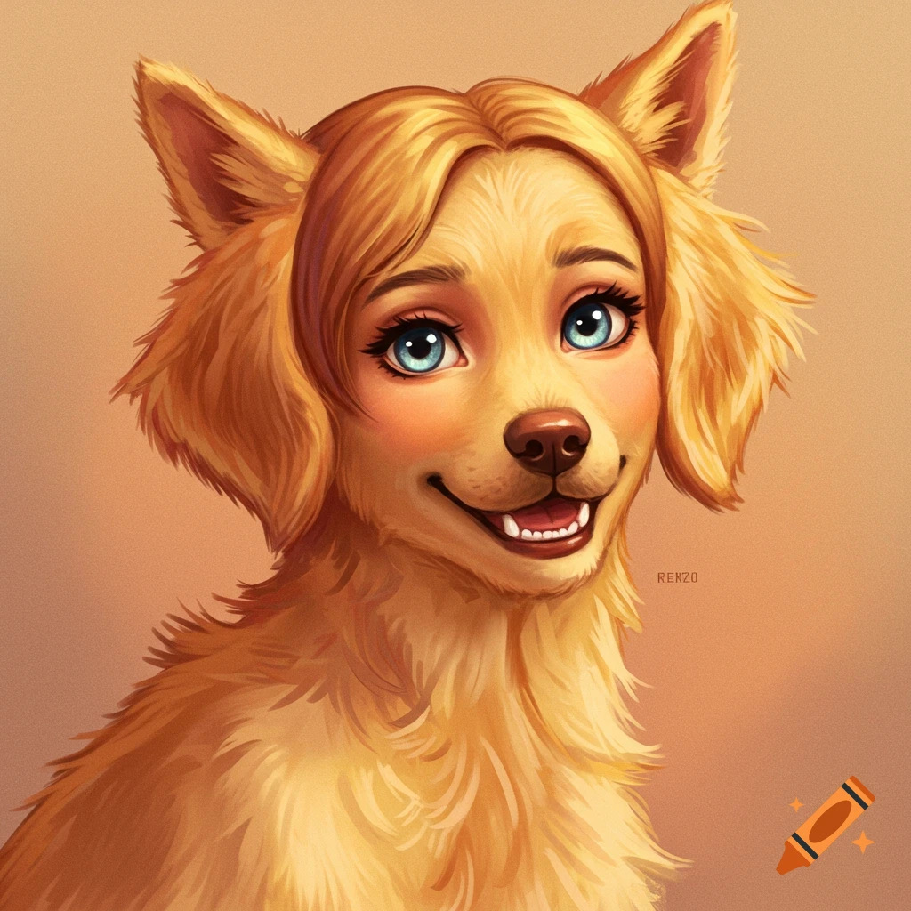 A smiling golden retriever human hybrid with blue eyes and blonde hair.