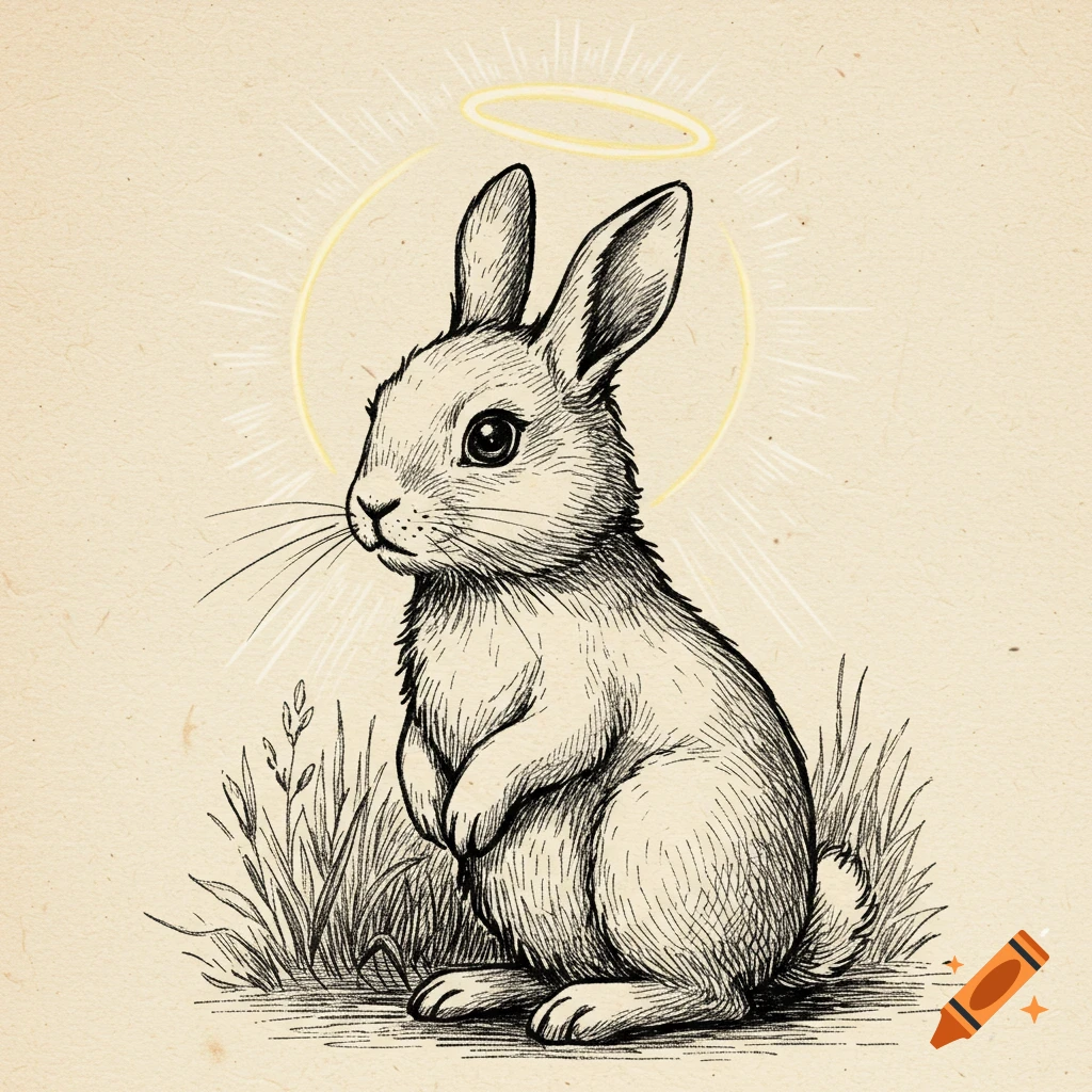 Black and white sketch illustration of a rabbit with a halo sitting in grass.