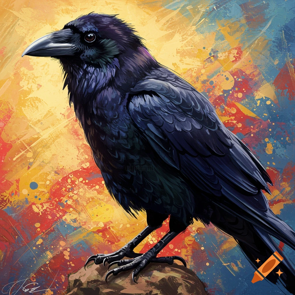 Close-up painting of a black raven against a vibrant abstract background.