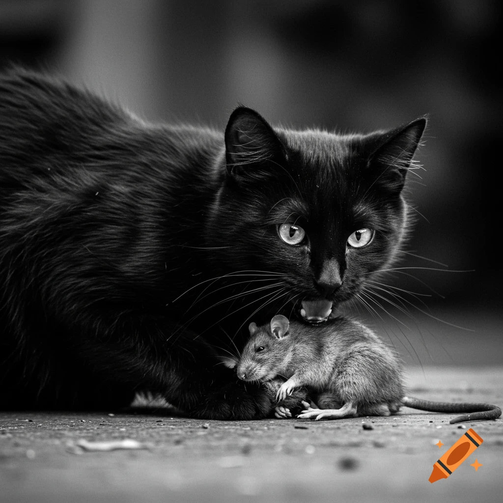 Black and white photo of a black cat holding a rat in its mouth