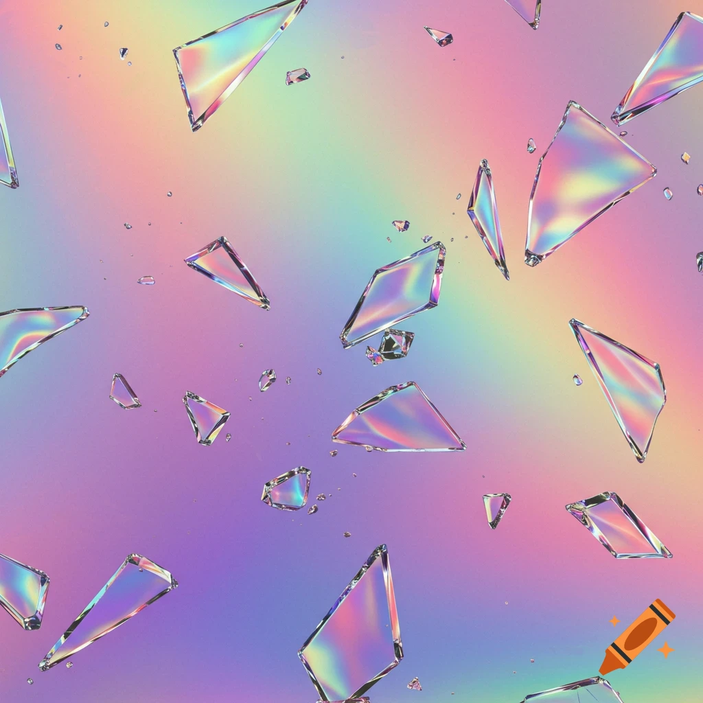 Shattered glass shards on a holographic rainbow background.